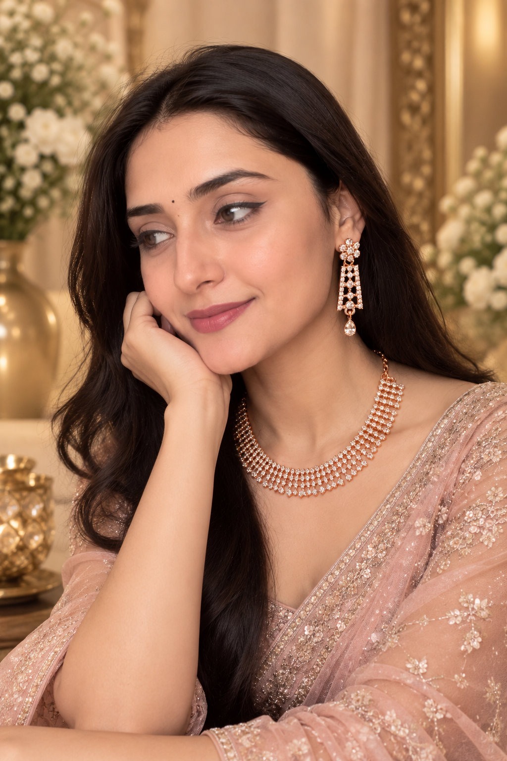 6500-7-ROS-W | Lattice Fringe Crystal Necklace Set — Rose White, view 5