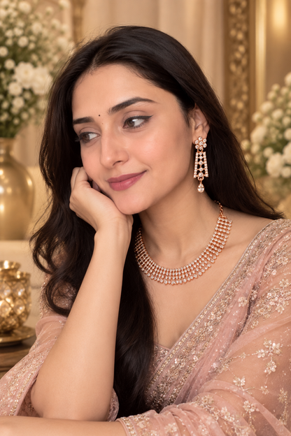 6500-7-ROS-W | Lattice Fringe Crystal Necklace Set — Rose White, view 5