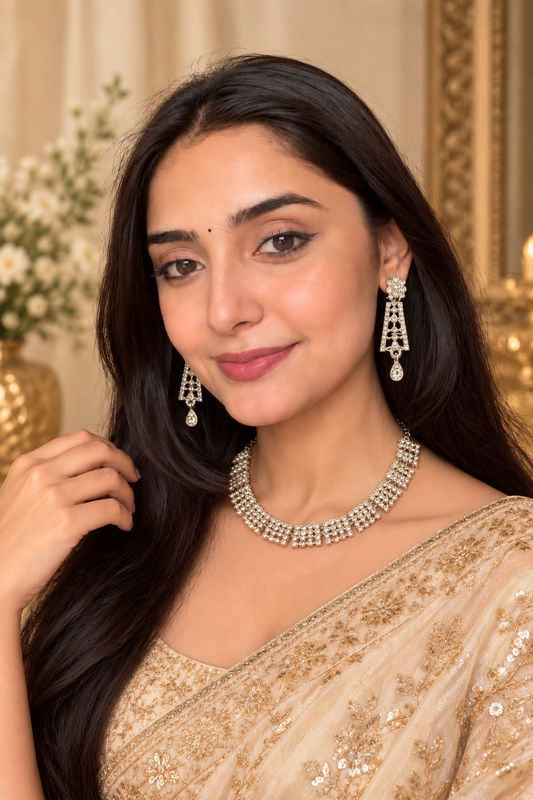 6500-7-R-W | Lattice Fringe Crystal Necklace Set — Rhodium White, view 2