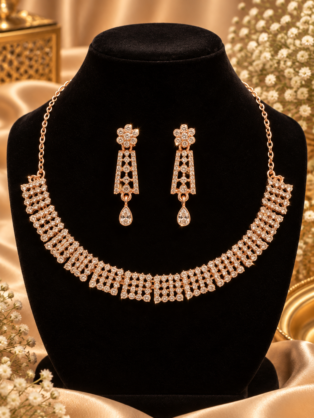 6500-7-ROS-W | Lattice Fringe Crystal Necklace Set — Rose White, view 1