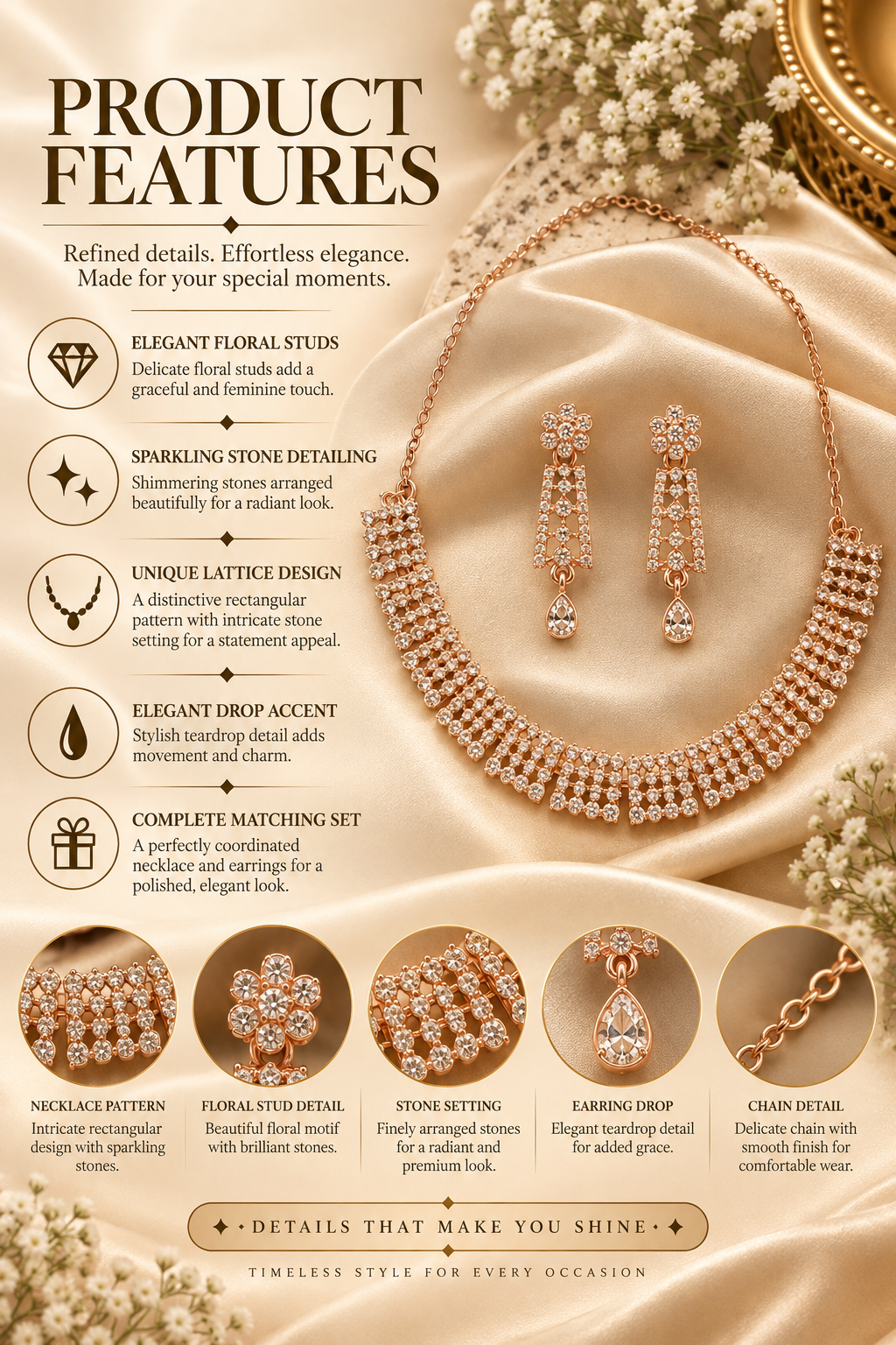 6500-7-ROS-W | Lattice Fringe Crystal Necklace Set — Rose White, view 3