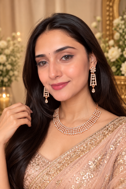 6500-7-ROS-W | Lattice Fringe Crystal Necklace Set — Rose White, view 4