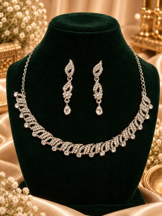 6500-8-R-W | Leaf Drop Crystal Necklace Set — Rhodium White, view 1