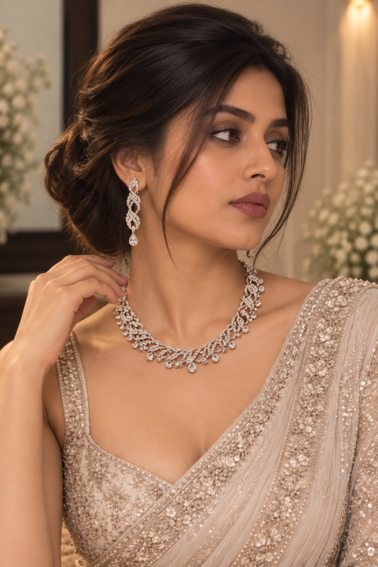 6500-8-R-W | Leaf Drop Crystal Necklace Set — Rhodium White, view 2