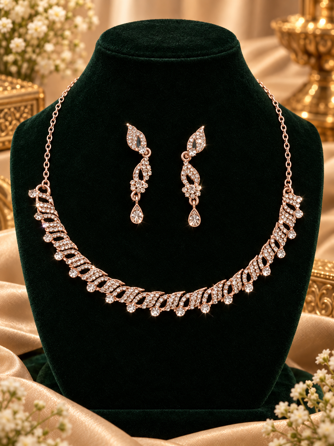 6500-8-ROS-W | Leaf Drop Crystal Necklace Set — Rose White, view 1