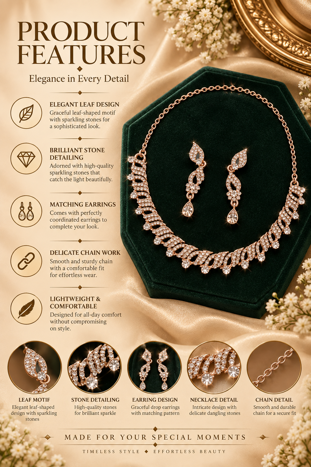 6500-8-ROS-W | Leaf Drop Crystal Necklace Set — Rose White, view 2