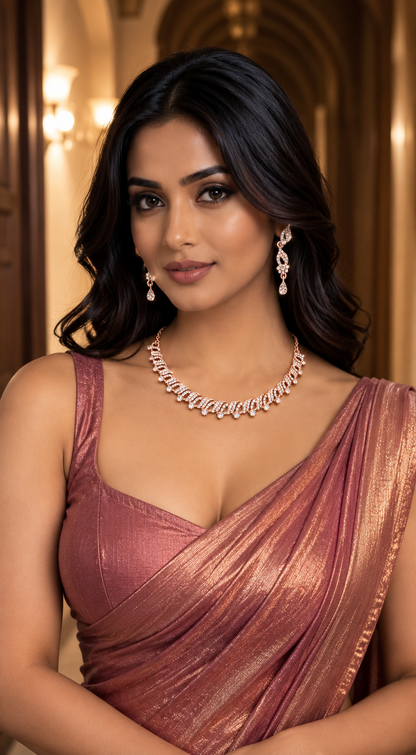 6500-8-ROS-W | Leaf Drop Crystal Necklace Set — Rose White, view 3