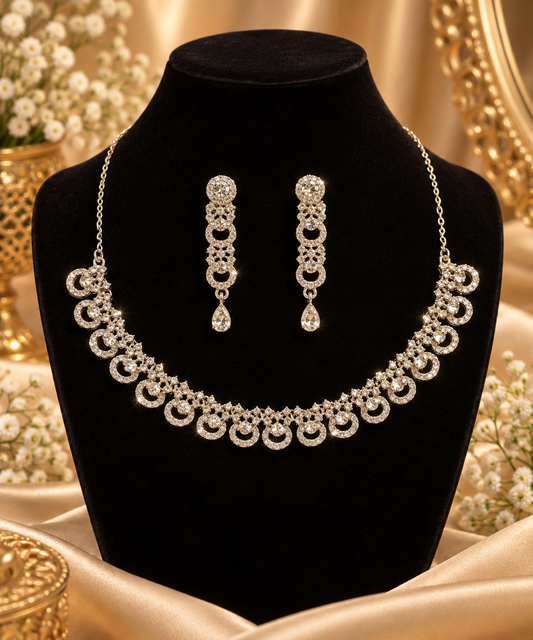 6500-9-R-W | Crescent Drop Crystal Necklace Set — Rhodium White, view 1