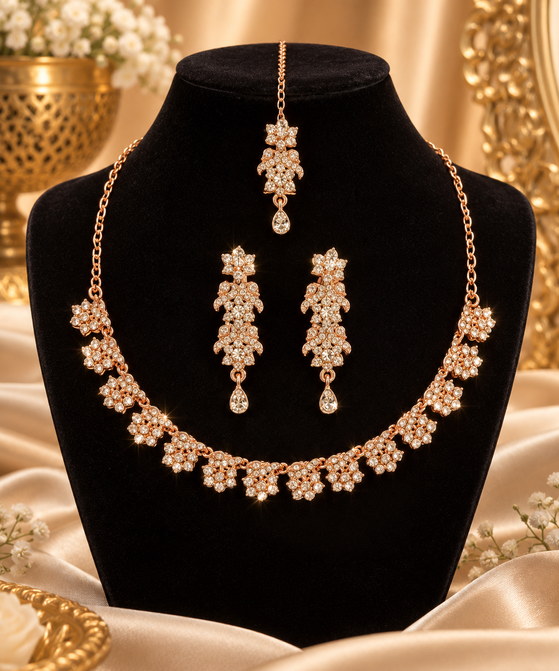 6500-9-ROS-W | Crescent Drop Crystal Necklace Set — Rose White, view 1