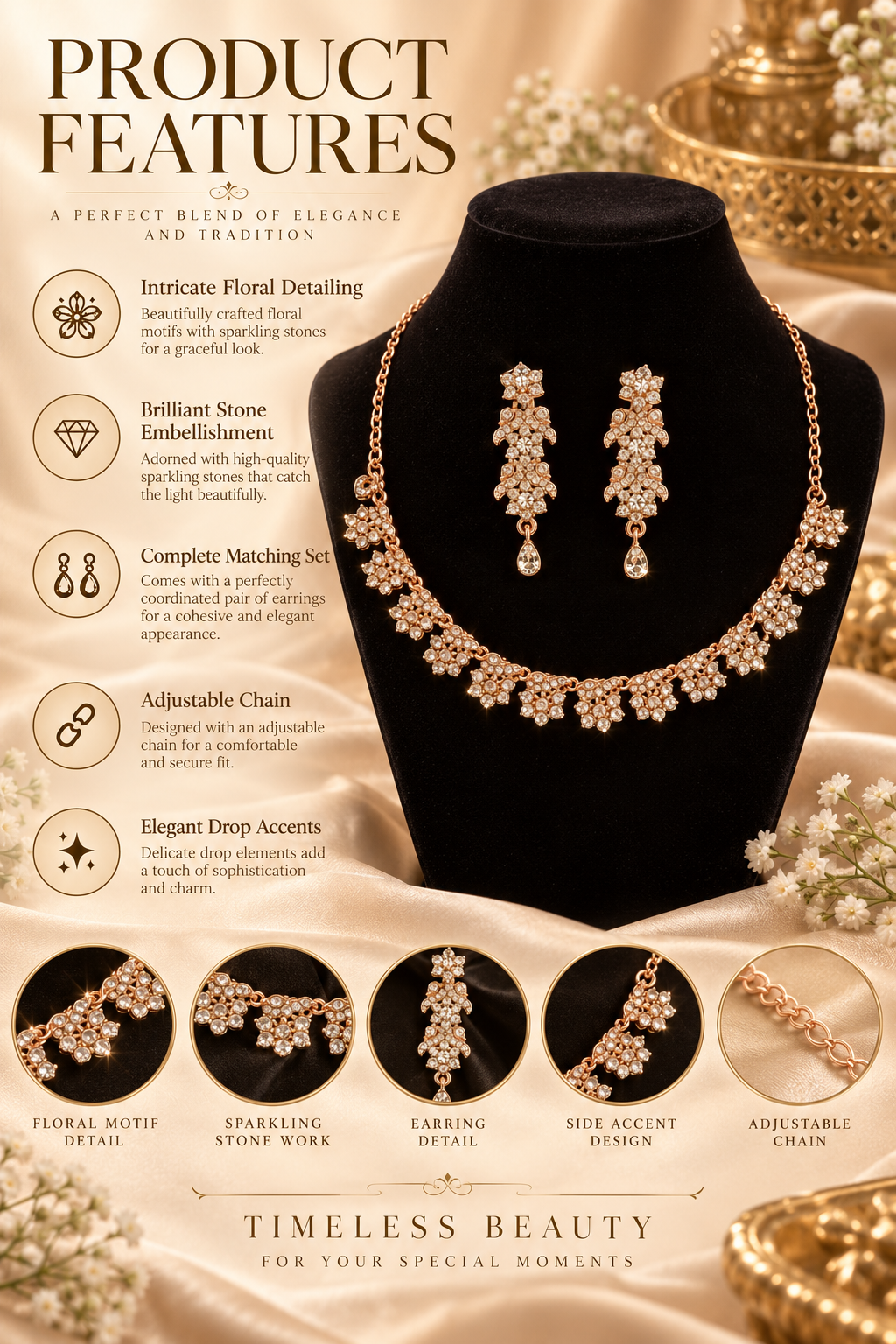 6500-9-ROS-W | Crescent Drop Crystal Necklace Set — Rose White, view 2