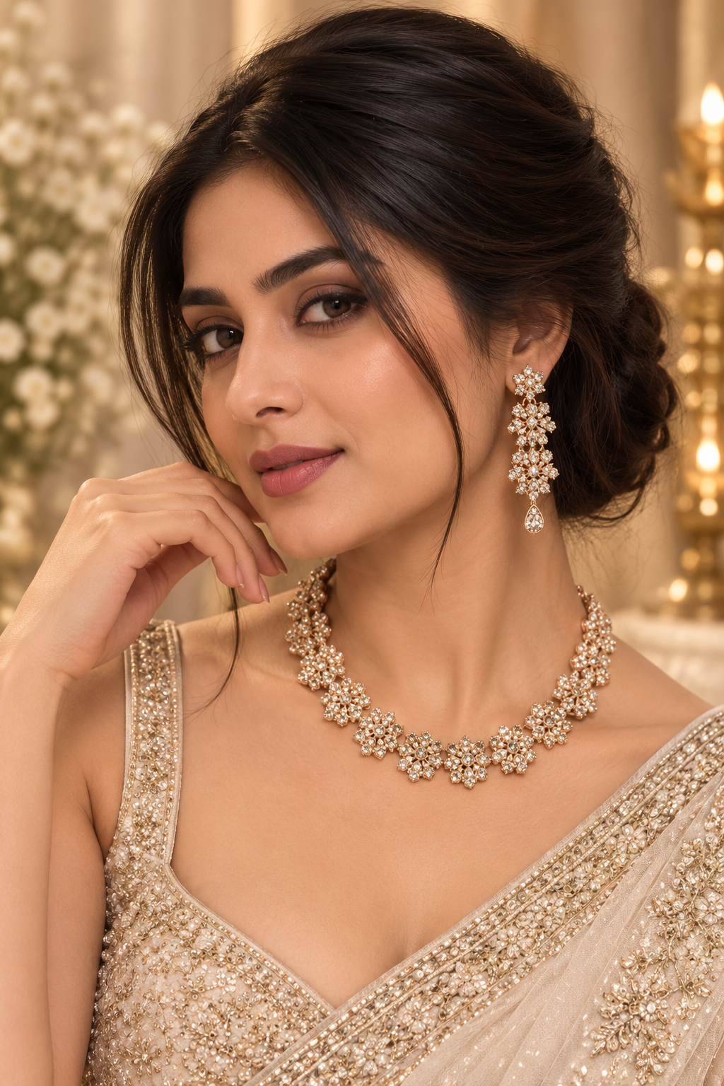 6500-9-ROS-W | Crescent Drop Crystal Necklace Set — Rose White, view 3