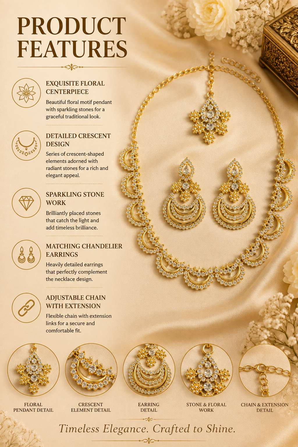 8900-3-SDO | Crescent Floral Crystal Necklace Set — SDO, view 3
